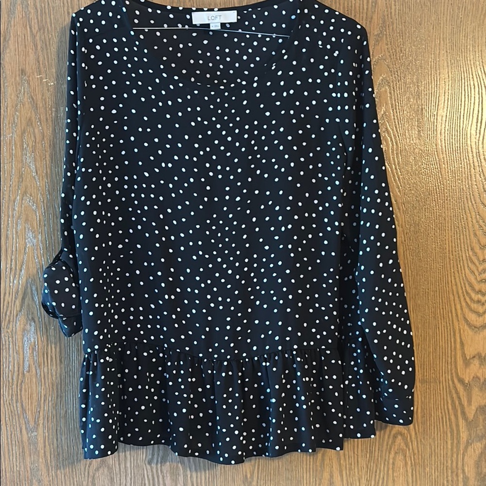 LOFT Black  Ruffled on bottom Blouse with Peter Pan Collar Size M